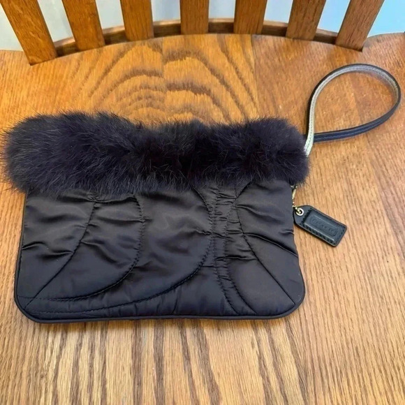 Coach Soho Ski, Satin, Wristlet With Rabbit Fur,  Brown, 7” W X 5” H - Picture 7 of 7